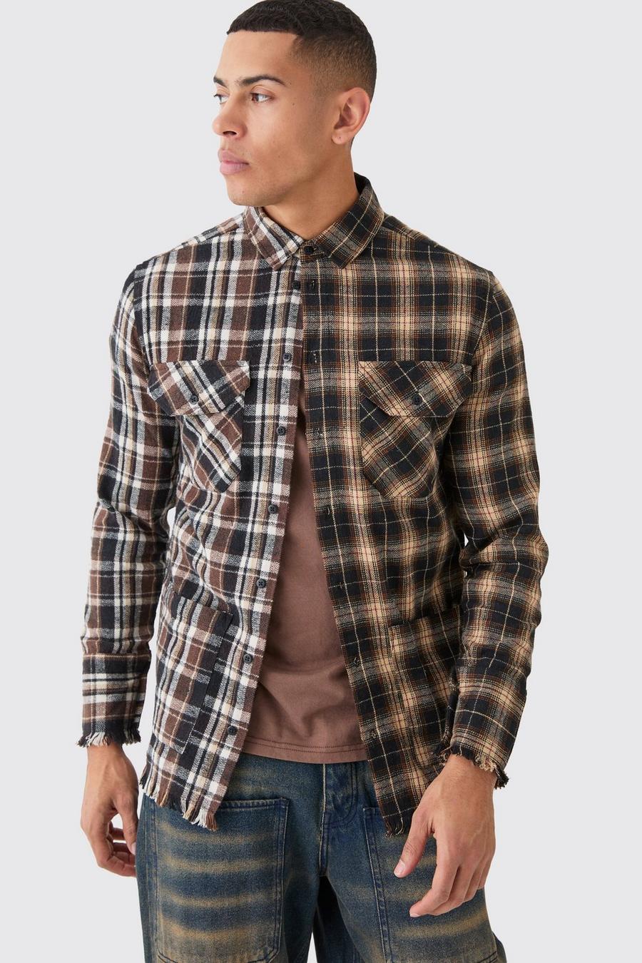 Brown Spliced Frayed Check Shirt image number 1