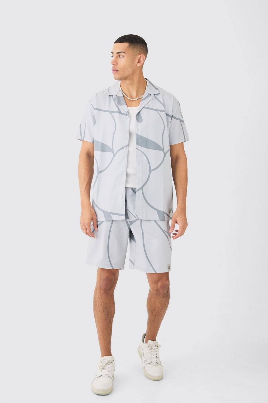 Grey Soft Twill Abstract Printed Tab Shirt And Short image number 1