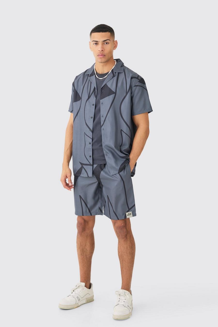 Black Zacht Keperstof Overhemd Met Abstracte Opdruk En Shorts image number 1