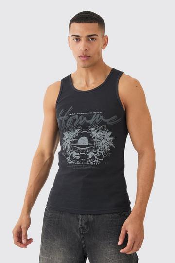 Slim Fit Graphic Waffle Tank Top black