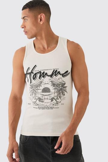 Slim Fit Graphic Waffle Tank Top ecru