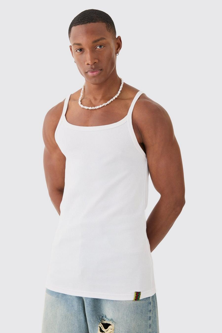 White Geribbeld Slim Fit Hemd Met Vierkante Hals image number 1