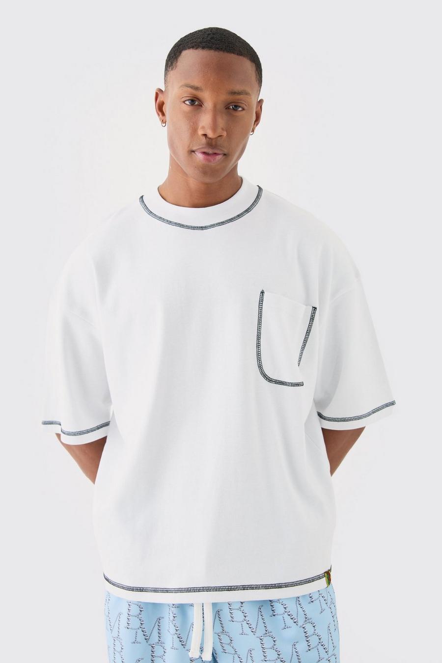 White Oversized Boxy Contrast Stitch Placement Pocket T-shirt image number 1