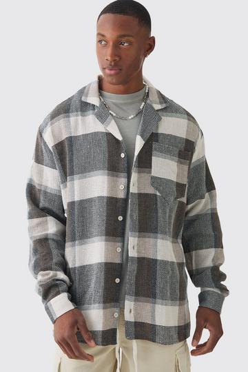 Long Sleeve Oversized Textured Check Shirt grey