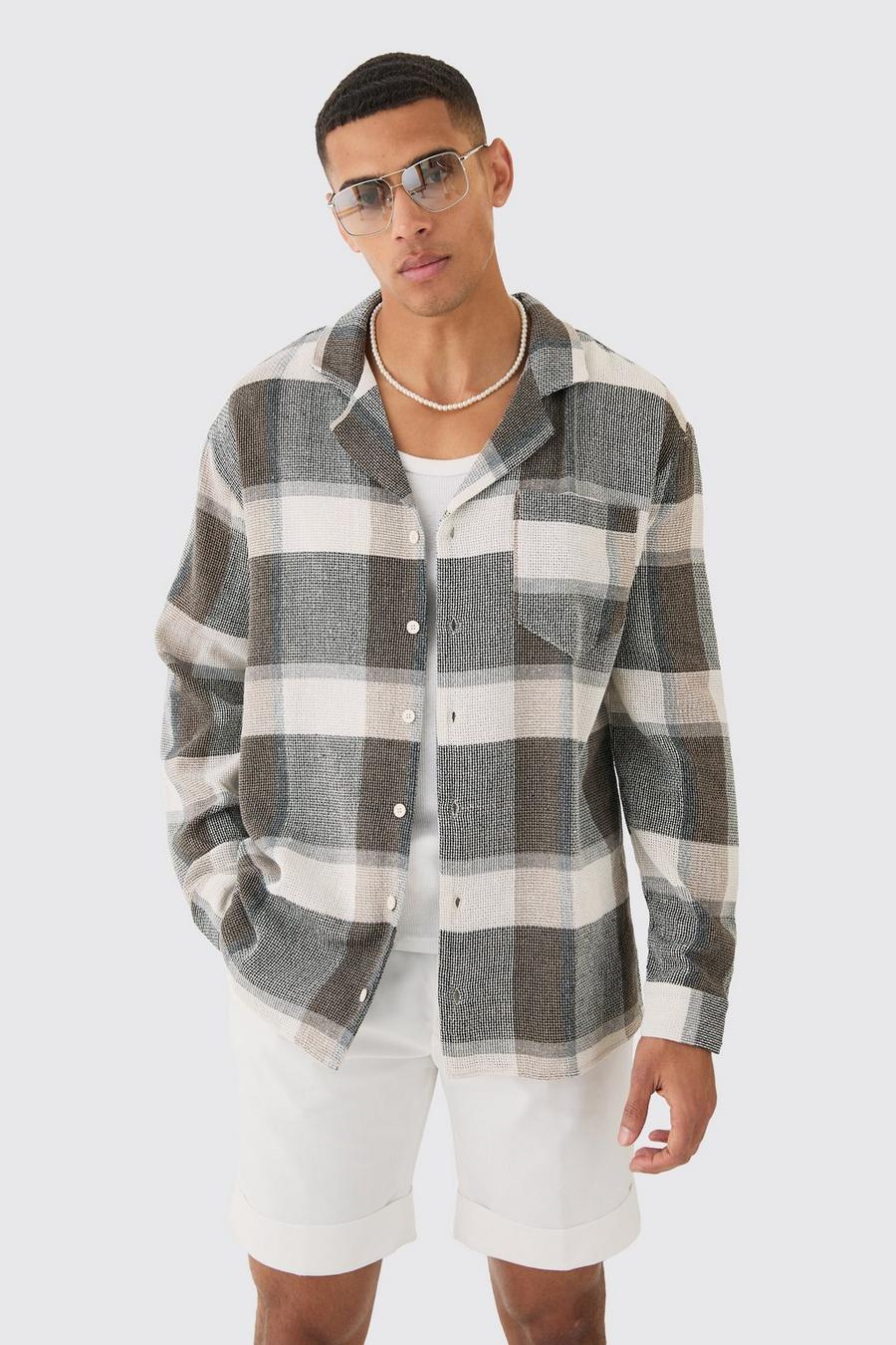 Camisa oversize de manga larga texturizada con estampado de cuadros, Grey
