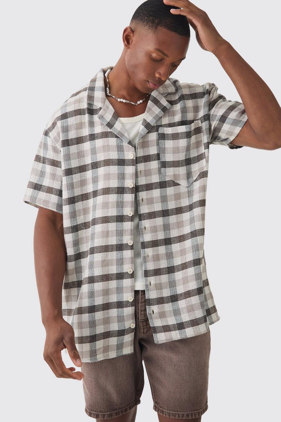 Brown Oversized Mini Textured Check Shirt
