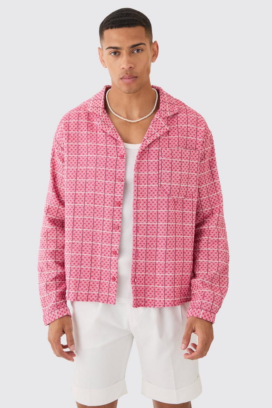 Camisa recta texturizada de manga larga con cuadros, Pink image number 1