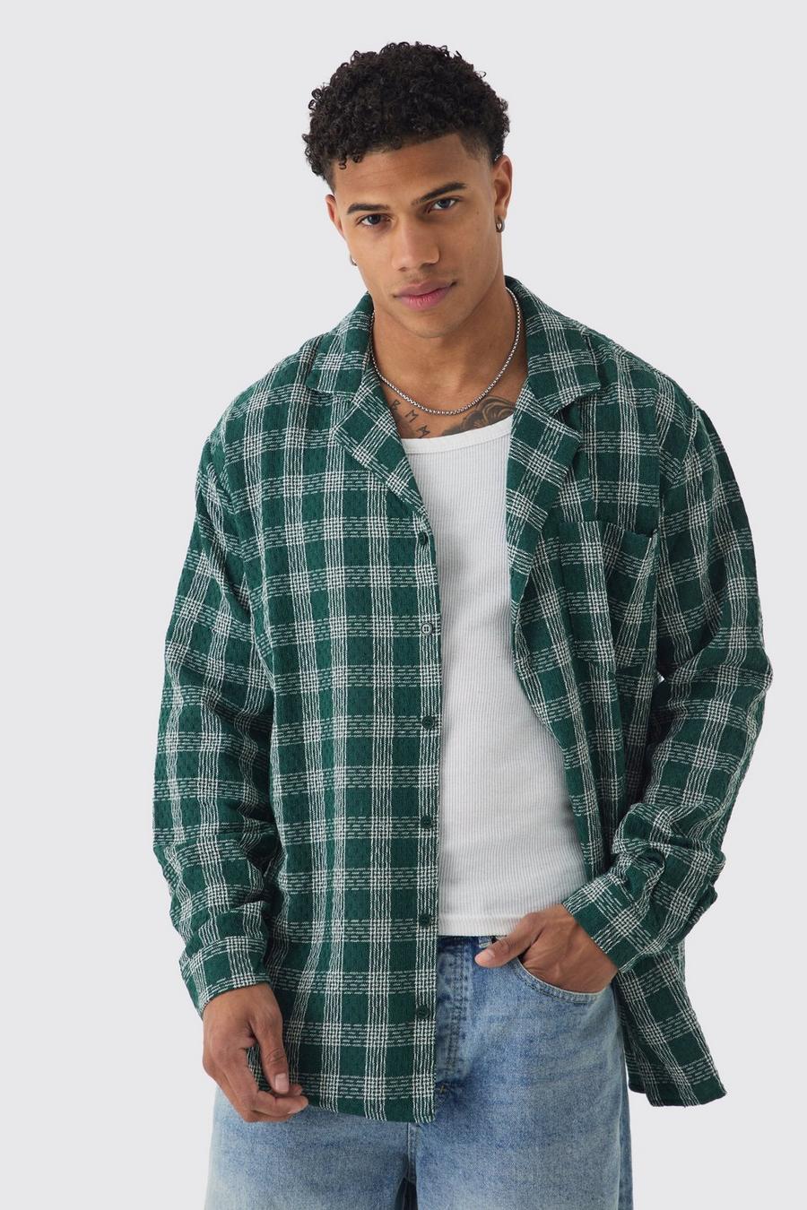 Green Long Sleeve Oversized Textured Contrast Check Shirt image number 1