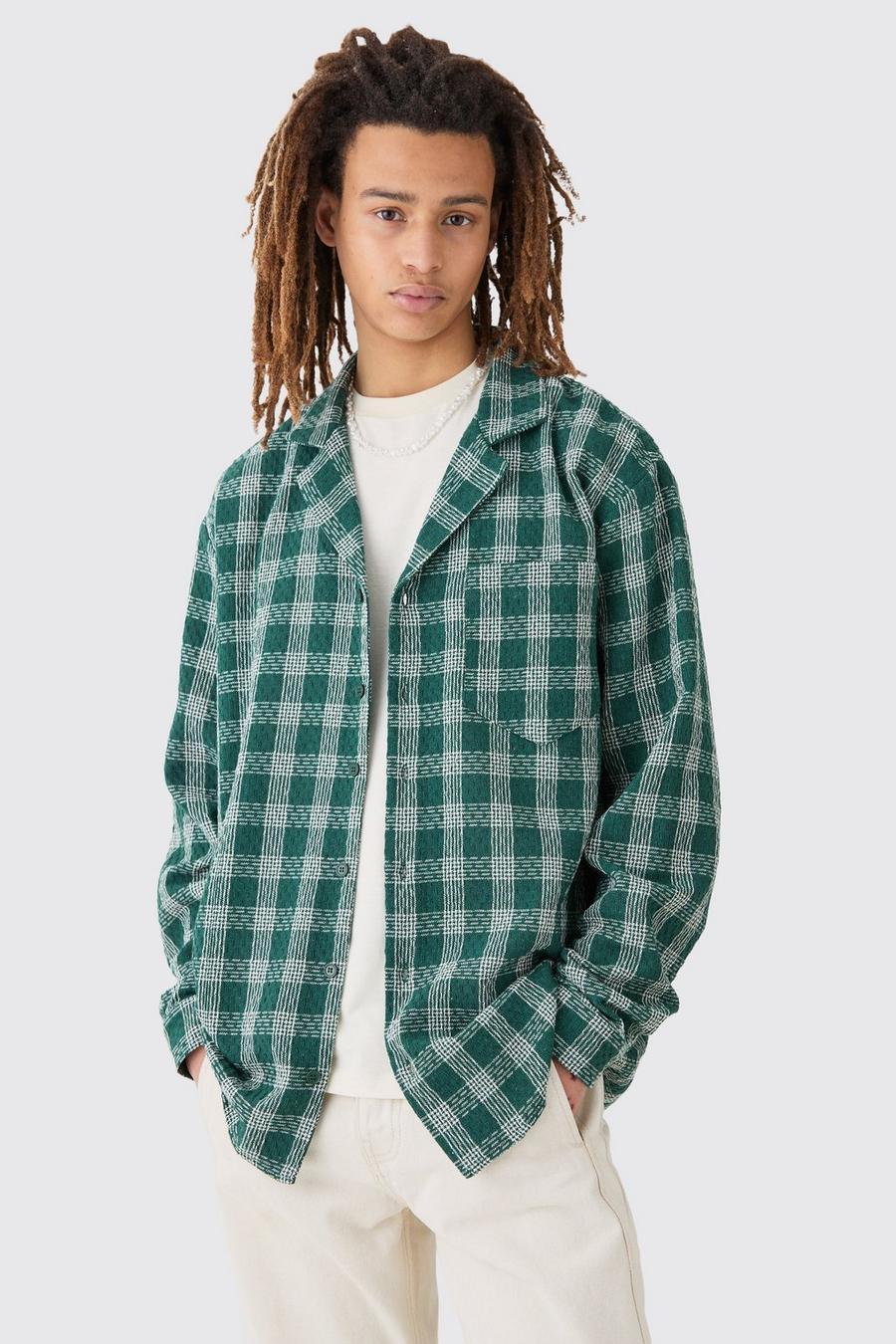 Camisa oversize texturizada de manga larga con estampado de cuadros, Green