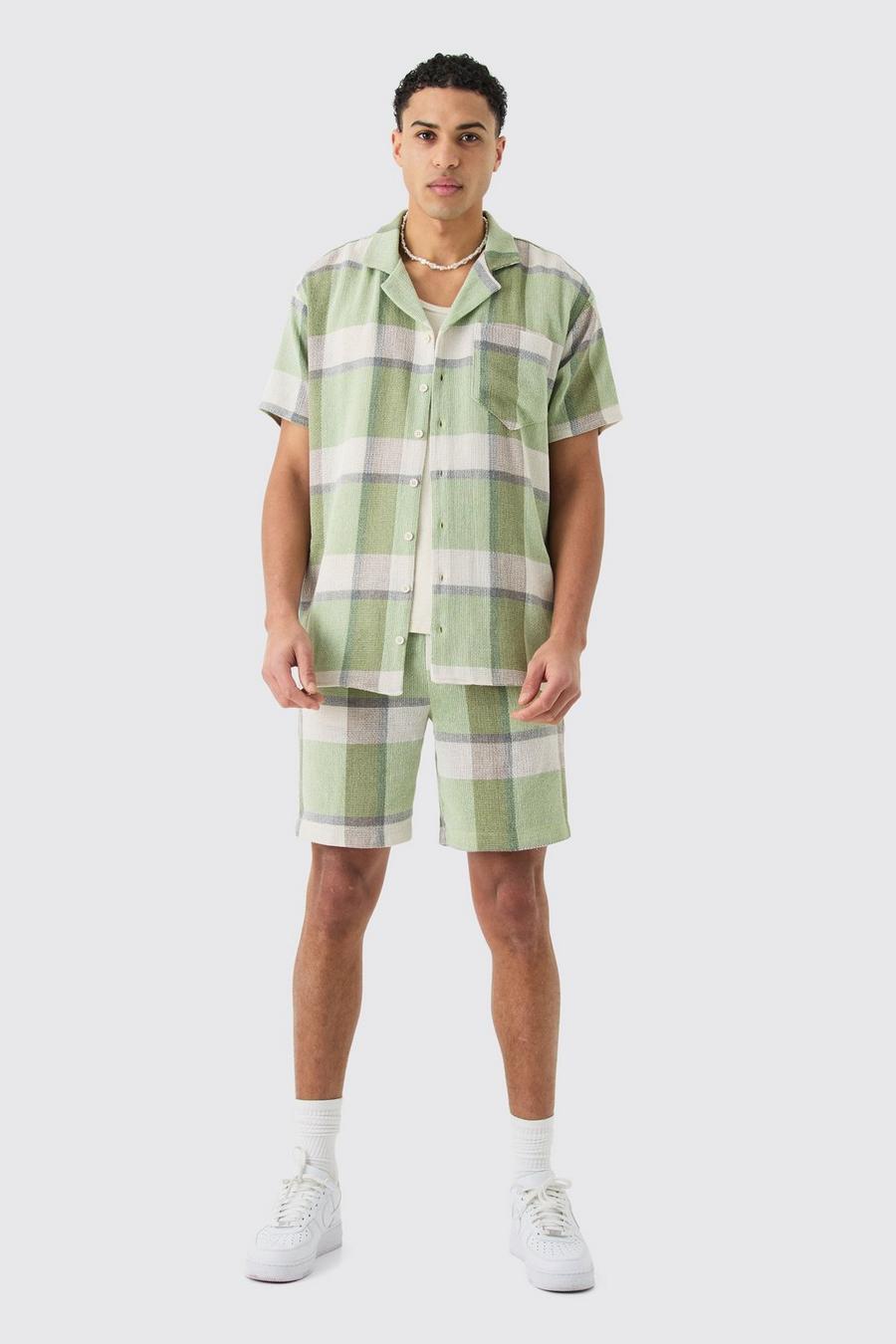Sage Oversized Geruit Overhemd Met Textuur En Shorts
