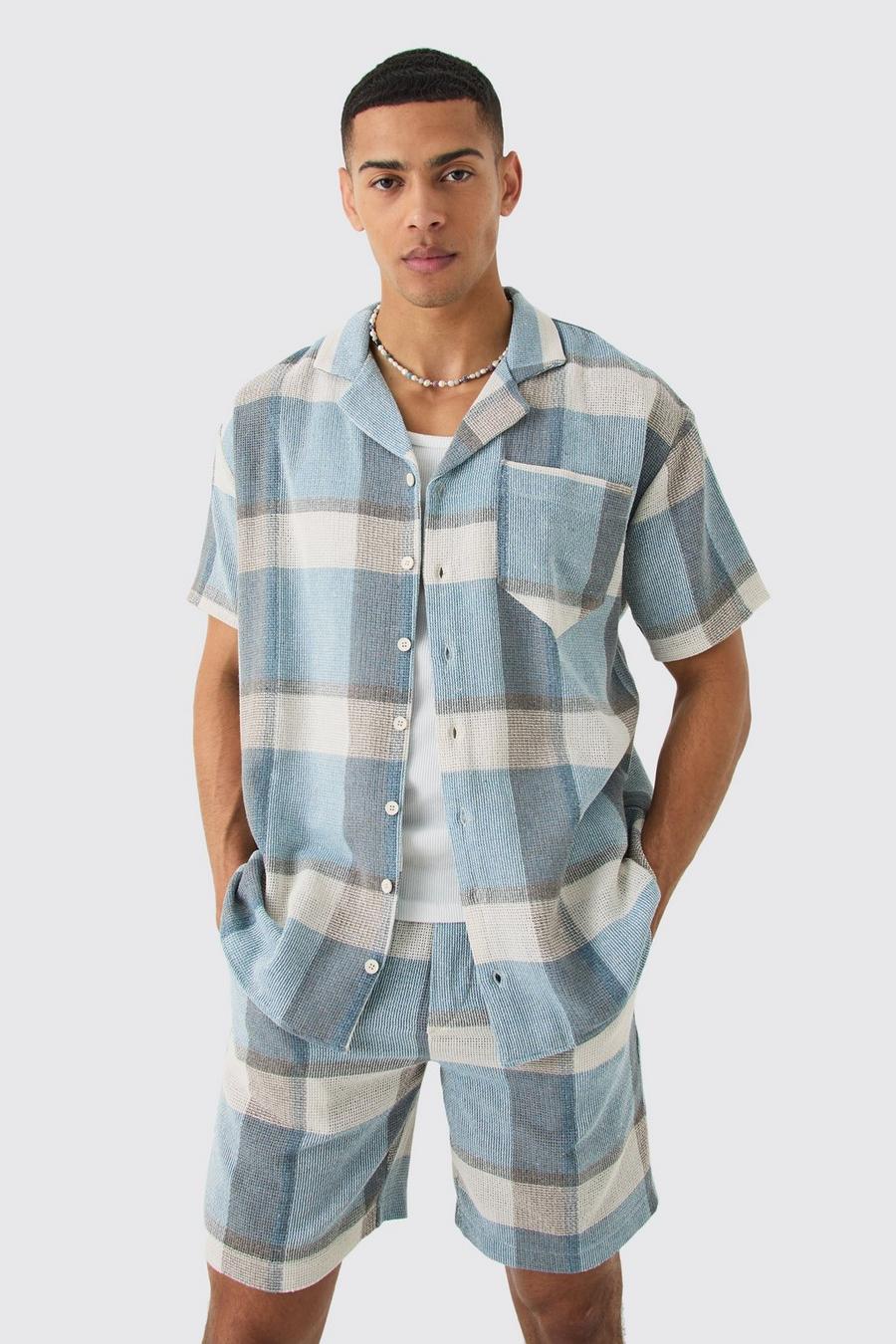 Blue Oversized Textured Check Shirt And Short image number 1
