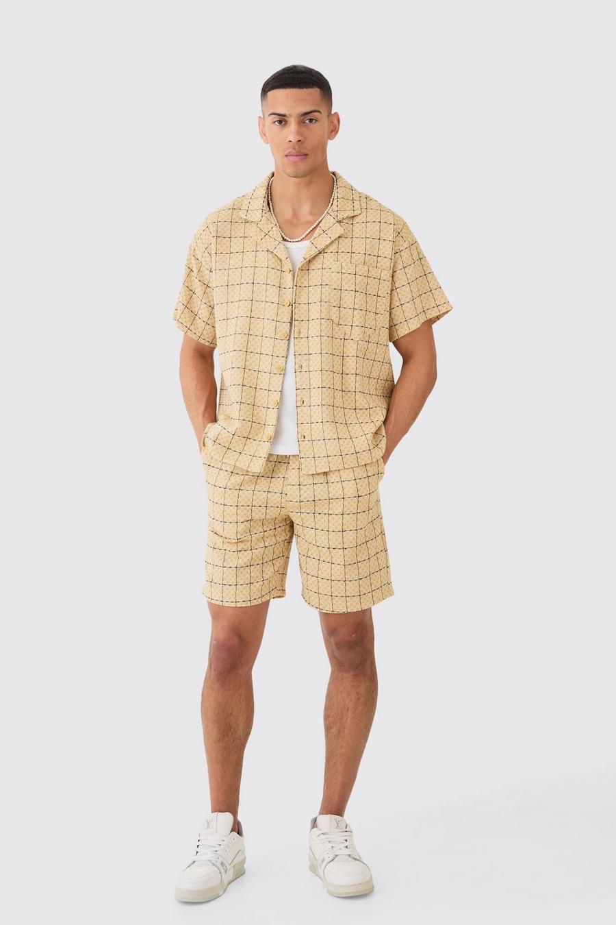 Yellow Boxy Textured Grid Check Shirt And Short image number 1