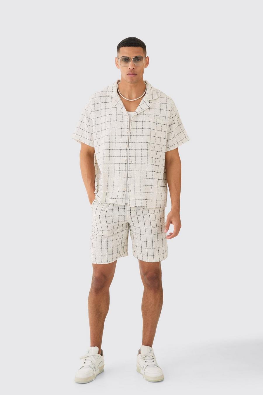 White Boxy Textured Grid Check Shirt And Short image number 1