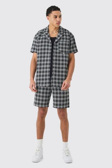 Oversized Textured Contrast Flannel Shirt And Short black