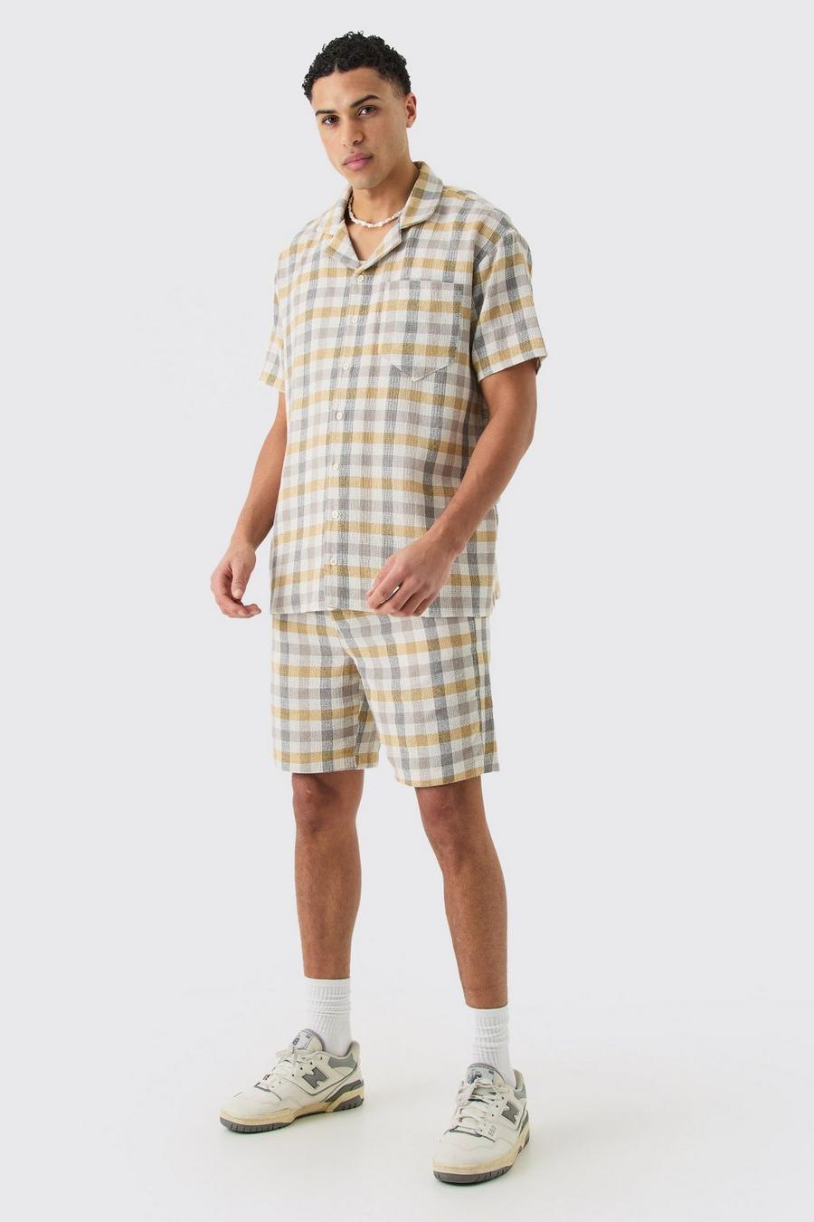 Camicia oversize a quadri piccoli con trama & pantaloncini, Yellow image number 1