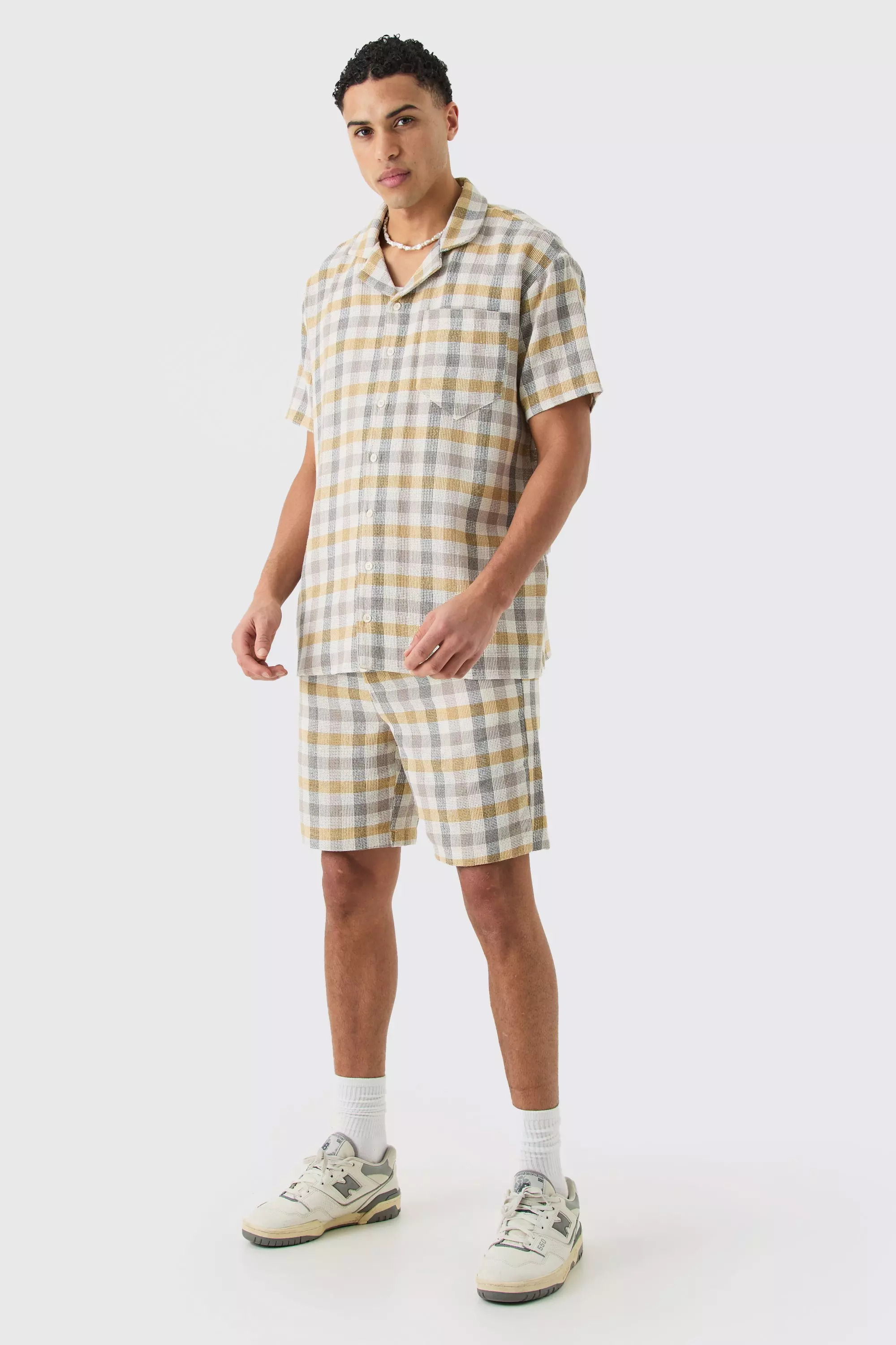 Yellow Oversized Mini Textured Check Shirt And Short alternative image