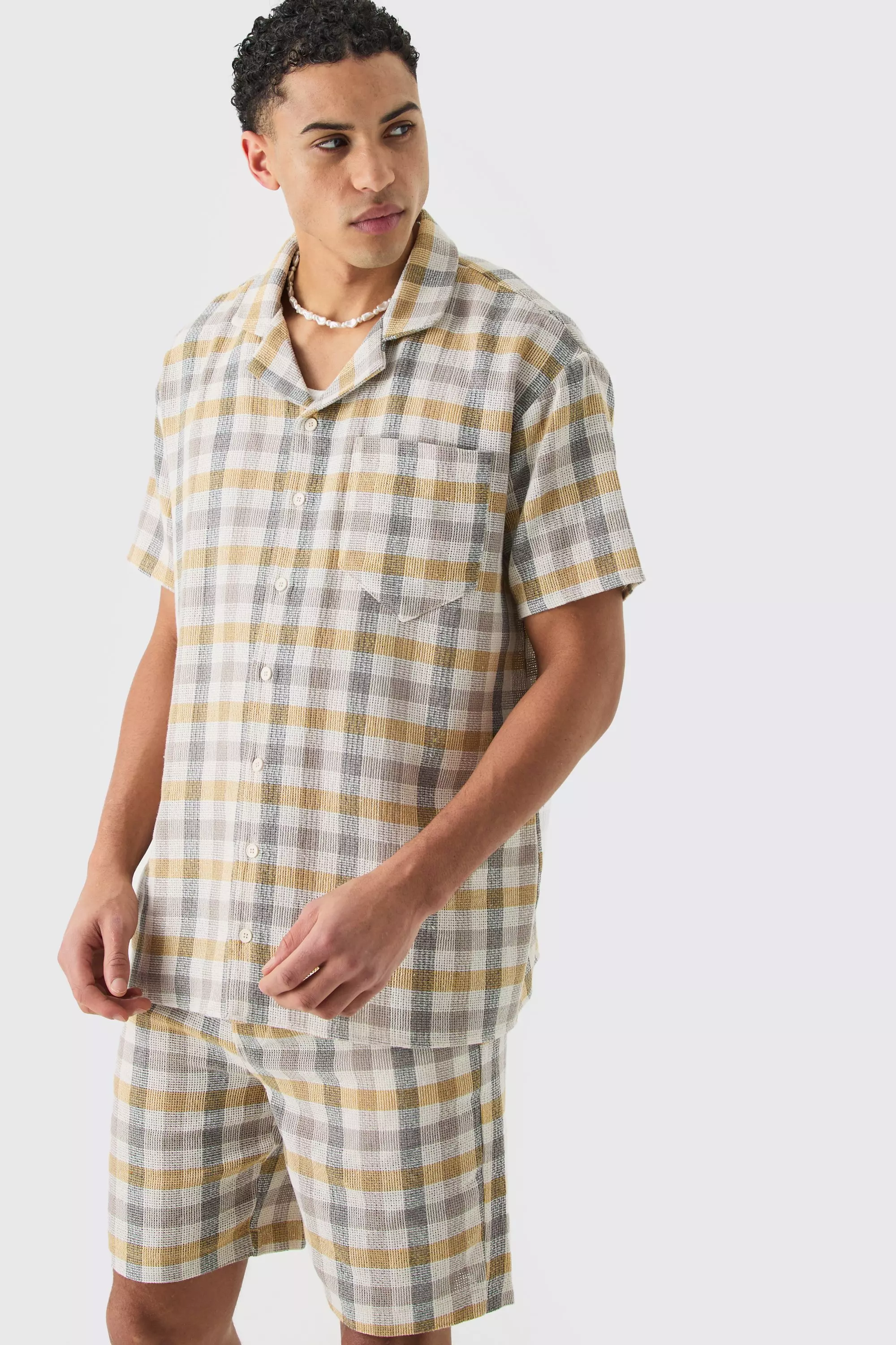 Yellow Oversized Mini Textured Check Shirt And Short alternative image