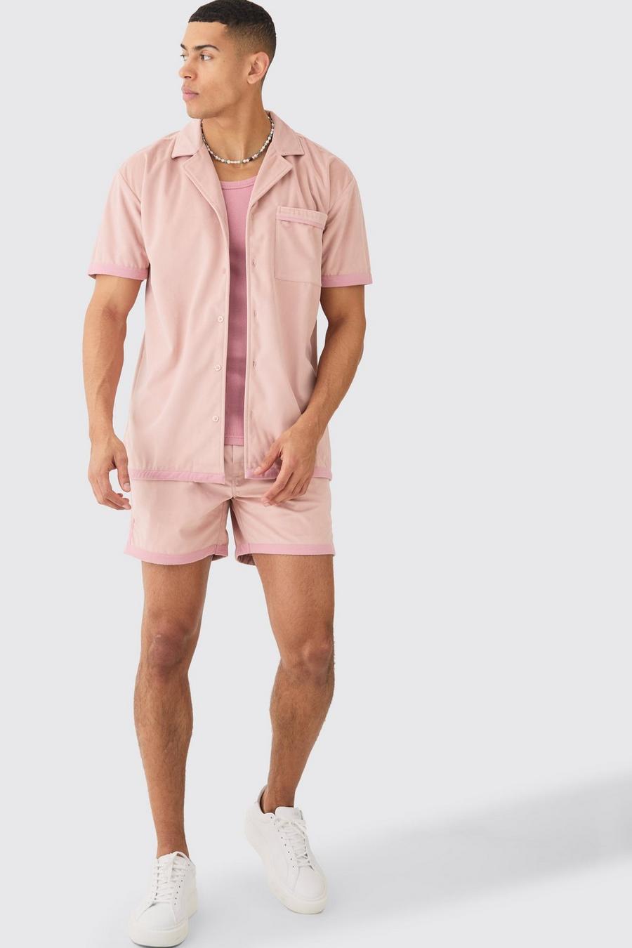 Pink Faux Suede Oversized Shirt And Short Set image number 1
