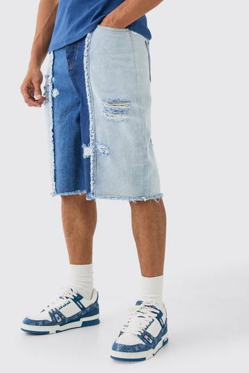 Spliced Distressed Denim Jorts In Blue light blue