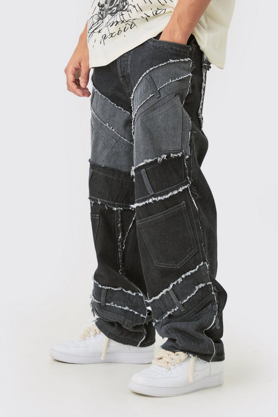 Jeans extra comodi neri in denim rigido effetto patchwork con fascia in vita, Washed black image number 1
