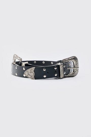 Double Buckle Studded Belt In Black