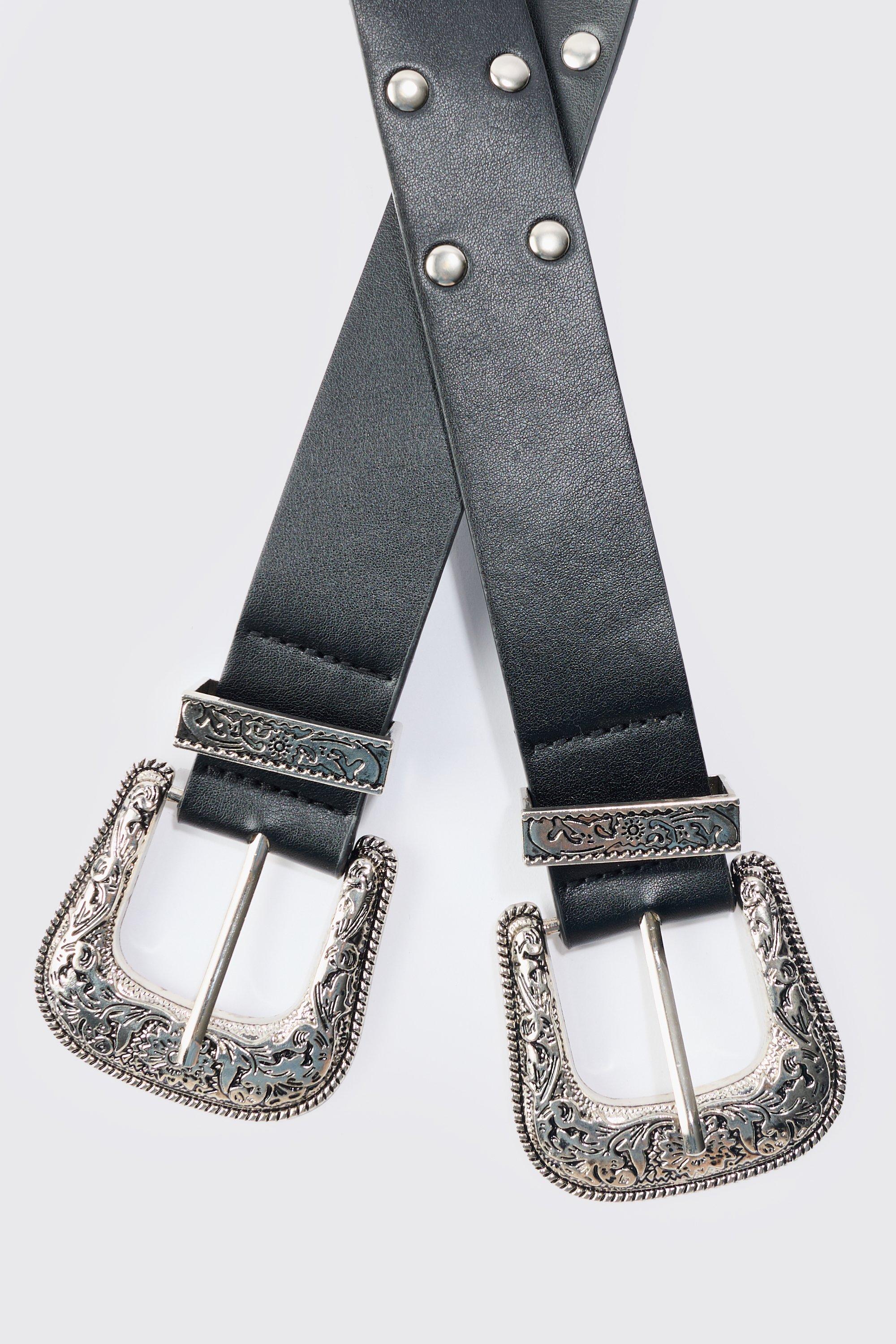 Double Buckle Studded Belt In Black | boohoo USA