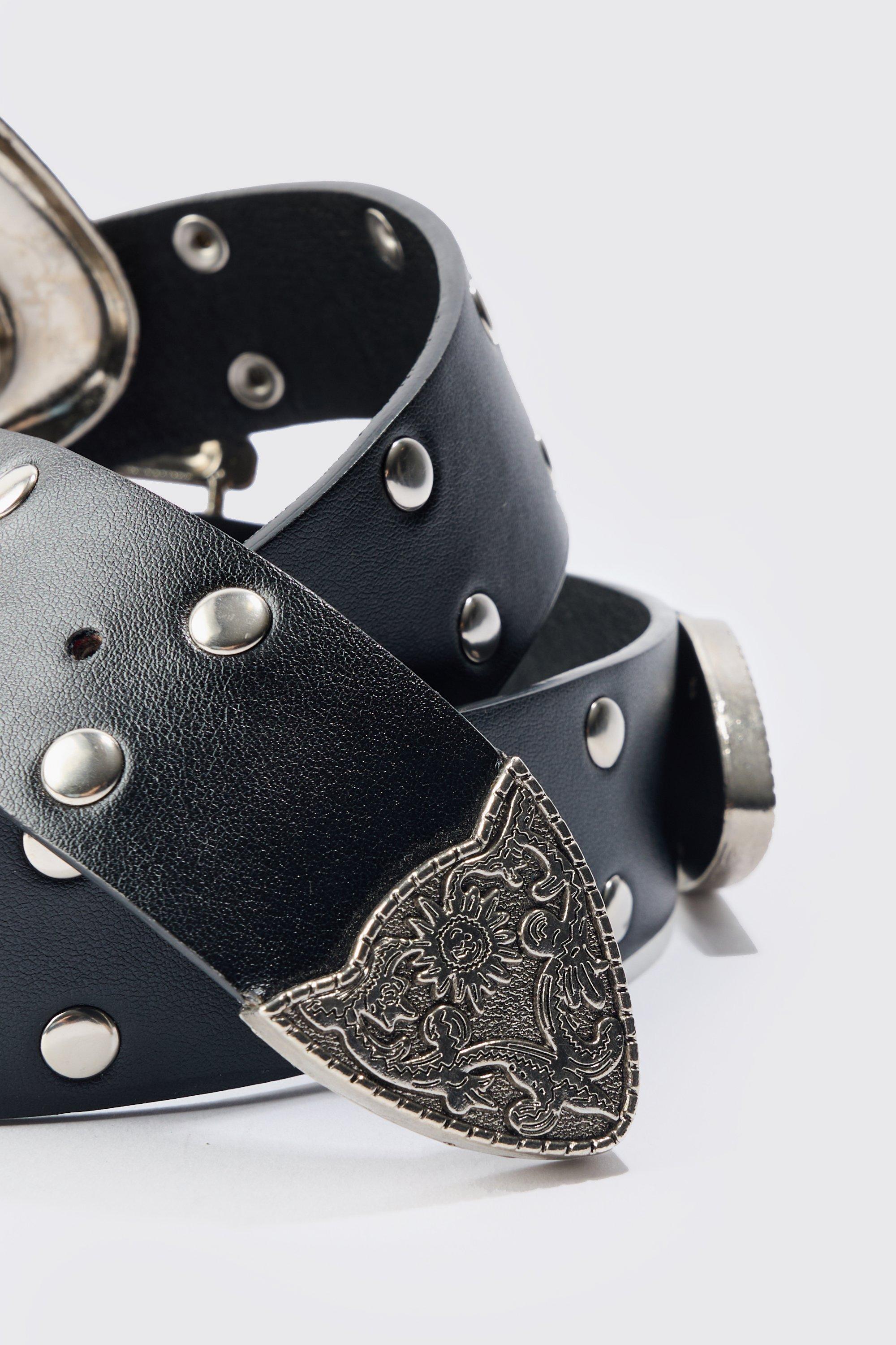 Double Buckle Studded Belt In Black | boohoo USA