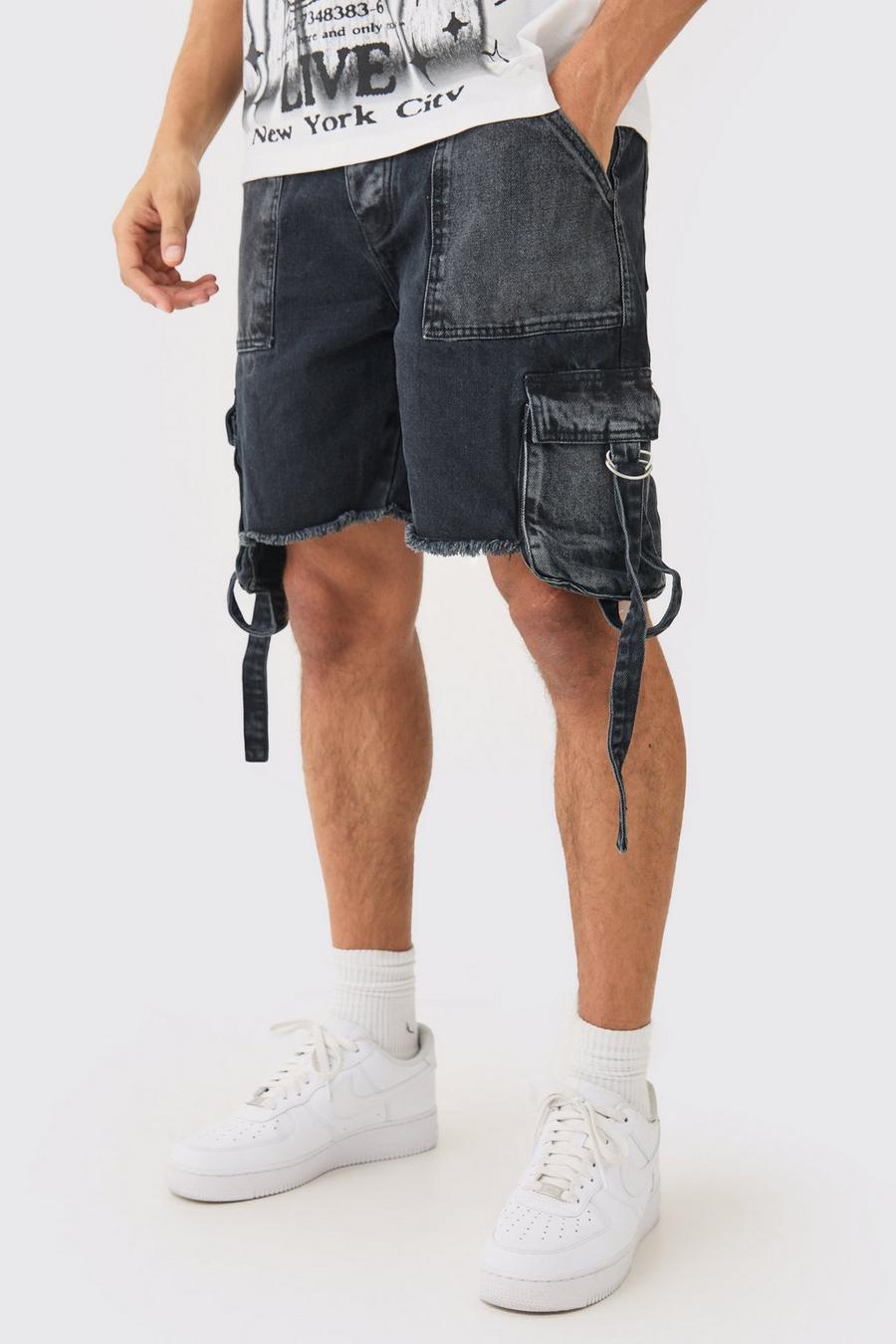 Lockere Jeansshorts mit Cargo-Taschen in Schwarz, Washed black