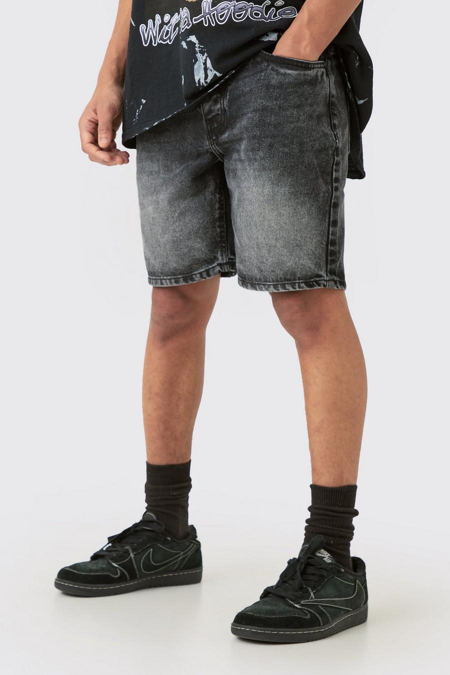 Pantaloncini in denim Slim Fit in denim rigido color antracite con spacco in vita, Charcoal
