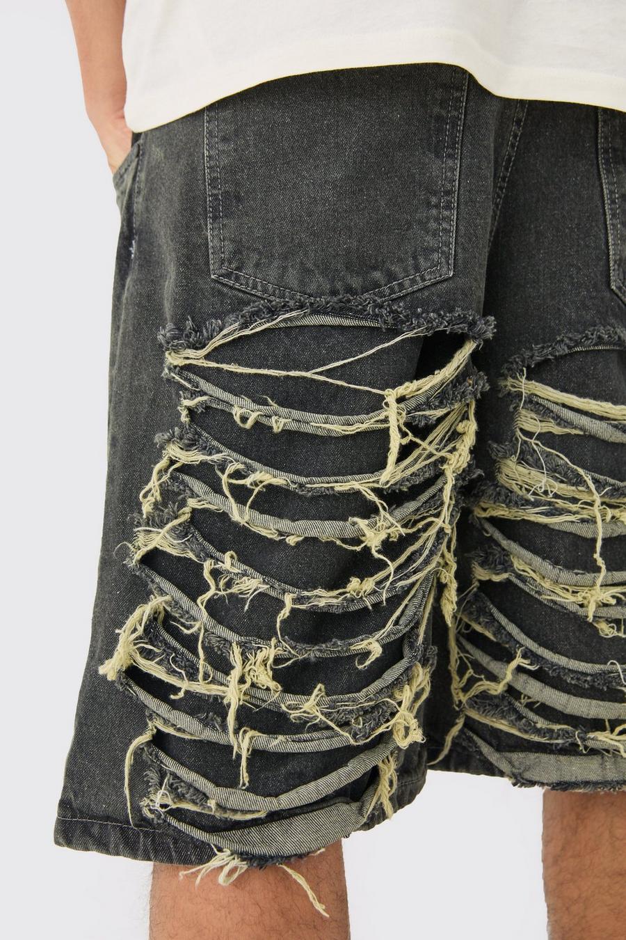 Relaxed Rigid Extreme Ripped Denim Jorts In Antique Grey