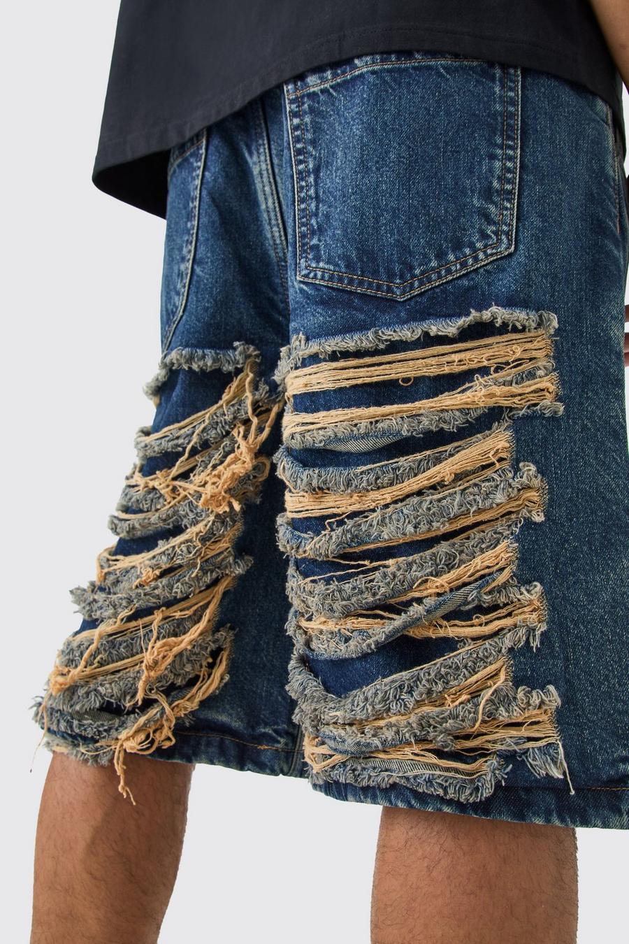 Relaxed Rigid Extreme Ripped Denim Jorts In Antique Blue image number 1