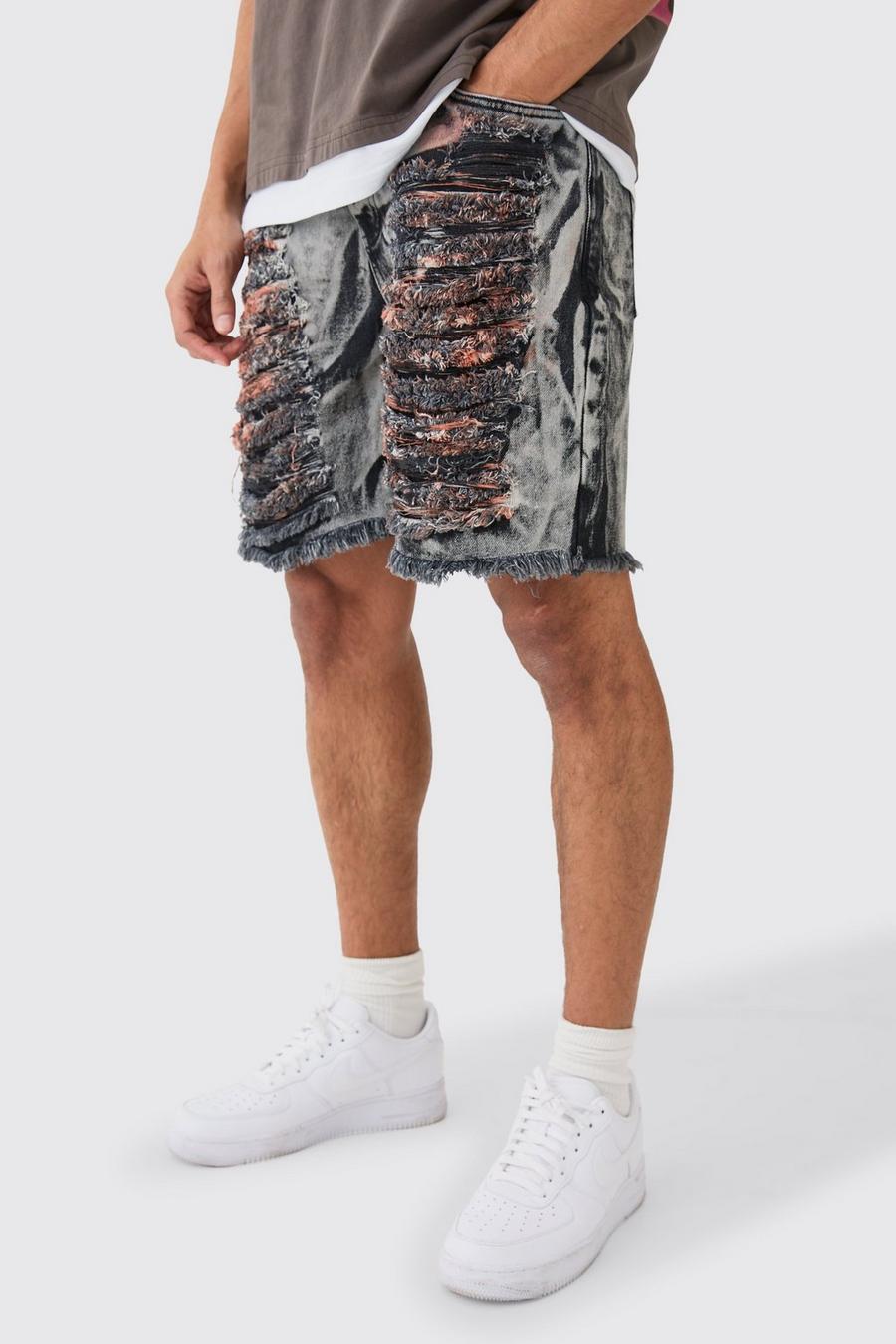 Relaxed Rigid Extreme Ripped Denim Short In Charcoal