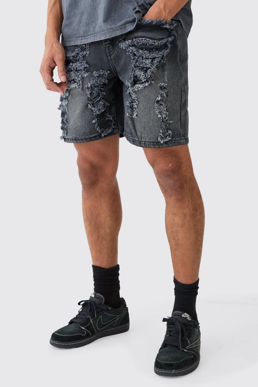 Relaxed Rigid Extreme Rip & Repair Denim Short Washed Black image number 1