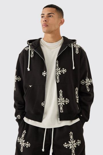 Black Oversized Boxy Zip Through Cross Printed Hoodie