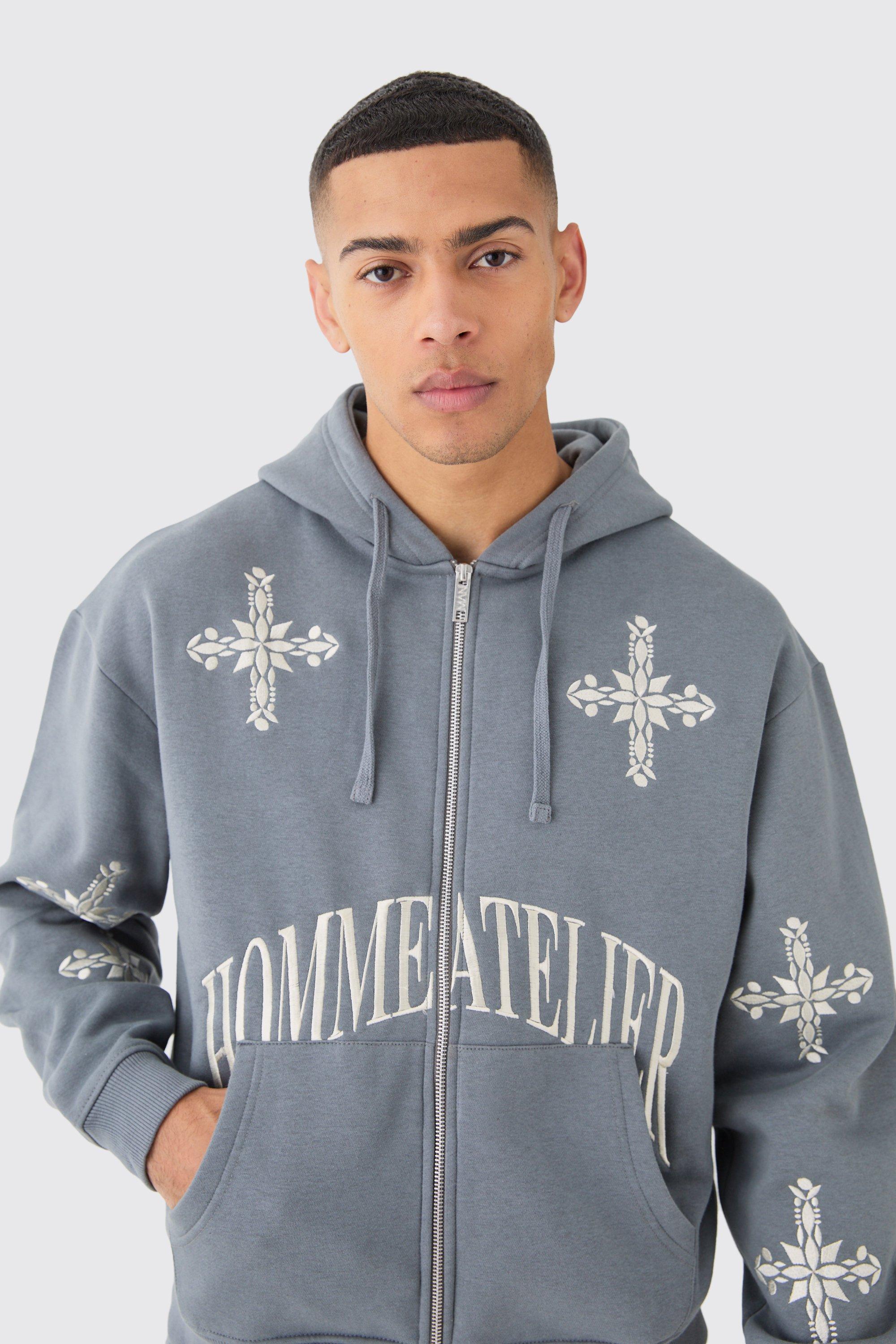 Oversized Boxy Zip Through Homme Cross Embroidered Hoodie | boohoo