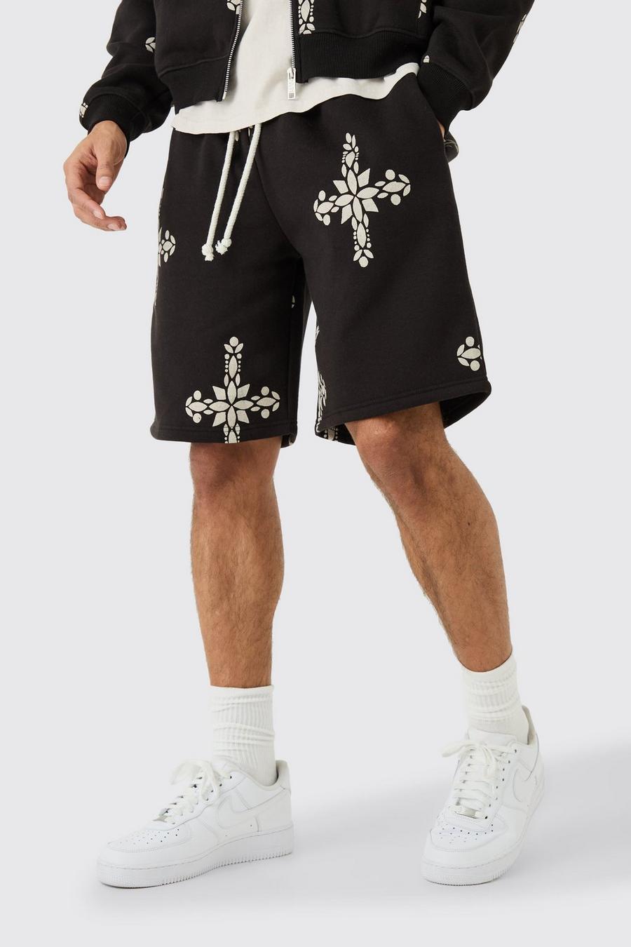 Black Oversized Mid Length Cross Print Shorts