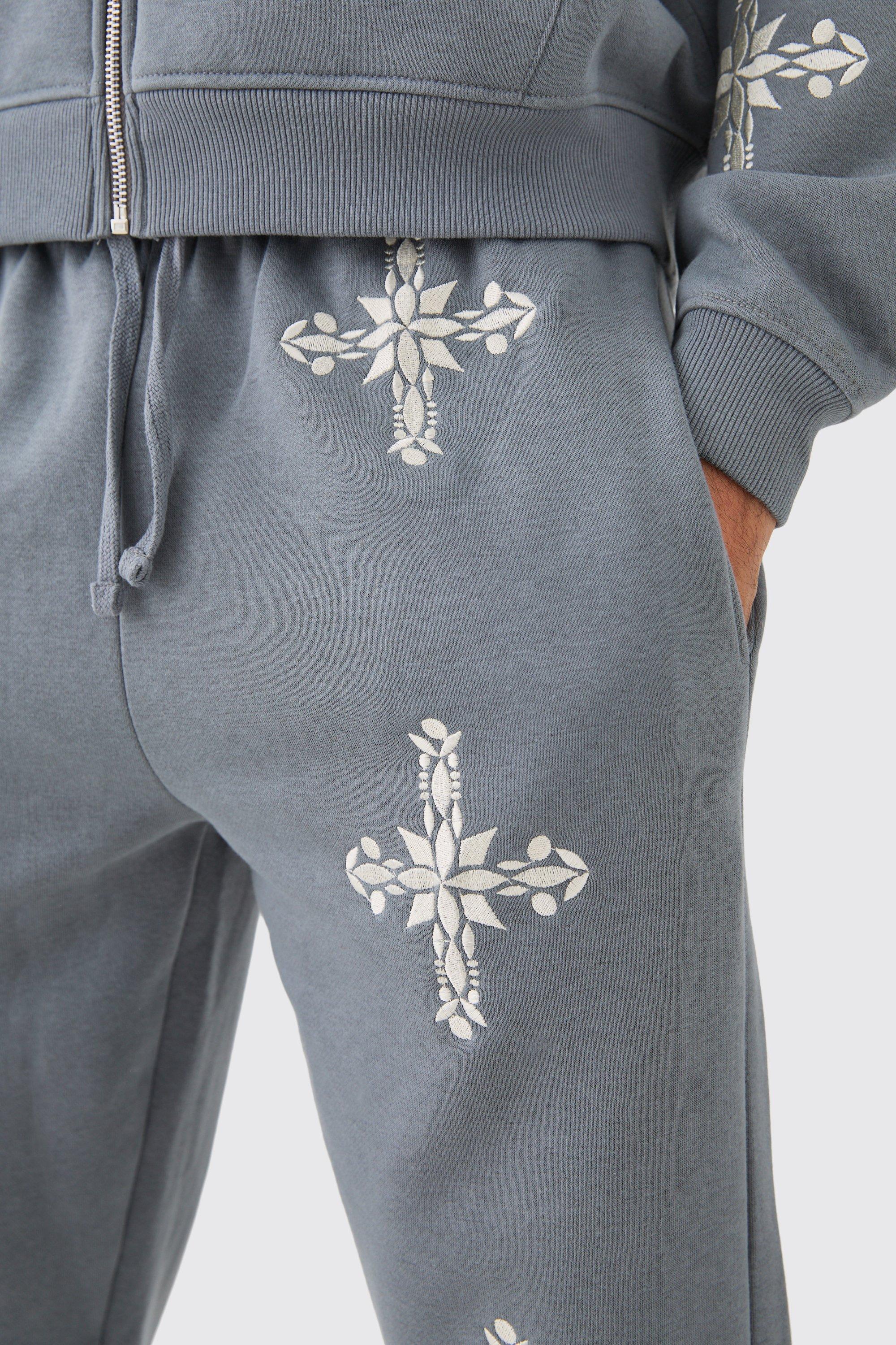 Regular Fit Split Hem Cross Embroidered Joggers | boohoo CA