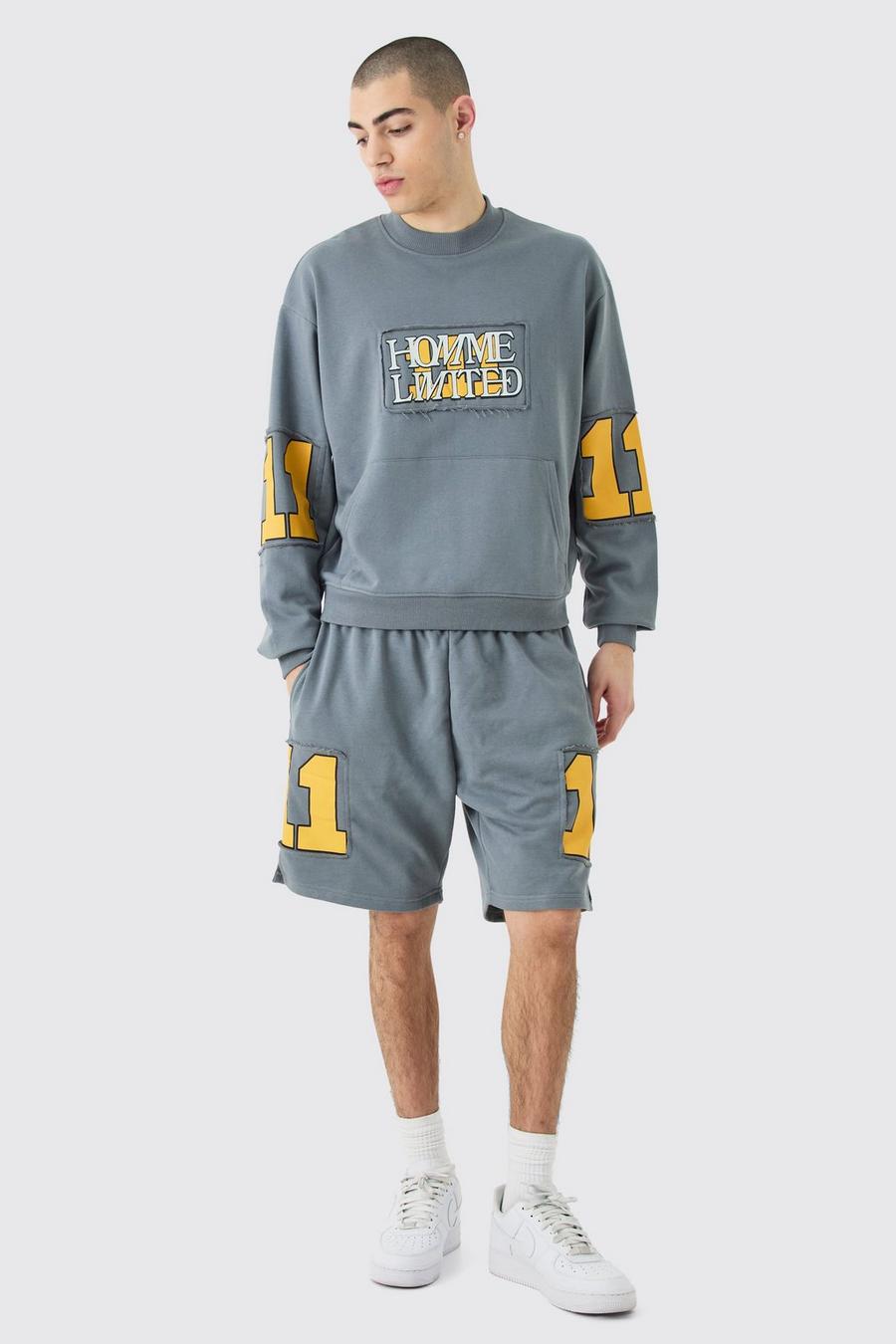 Charcoal Oversized Boxy Homme Cut Out Sweatshirt & Shorts image number 1