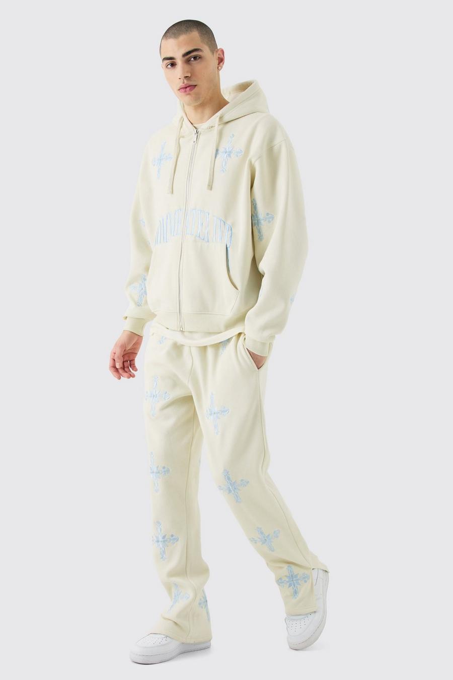 Stone Oversized Boxy Zip Through Homme Embroidered Hood Tracksuit image number 1