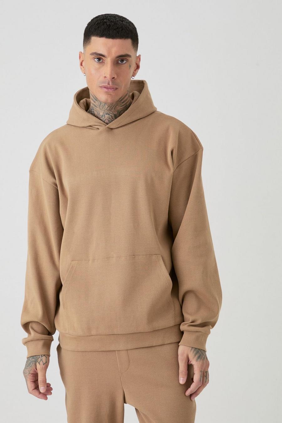 Light brown Tall Oversize ribbad hoodie i tjockt tyg image number 1