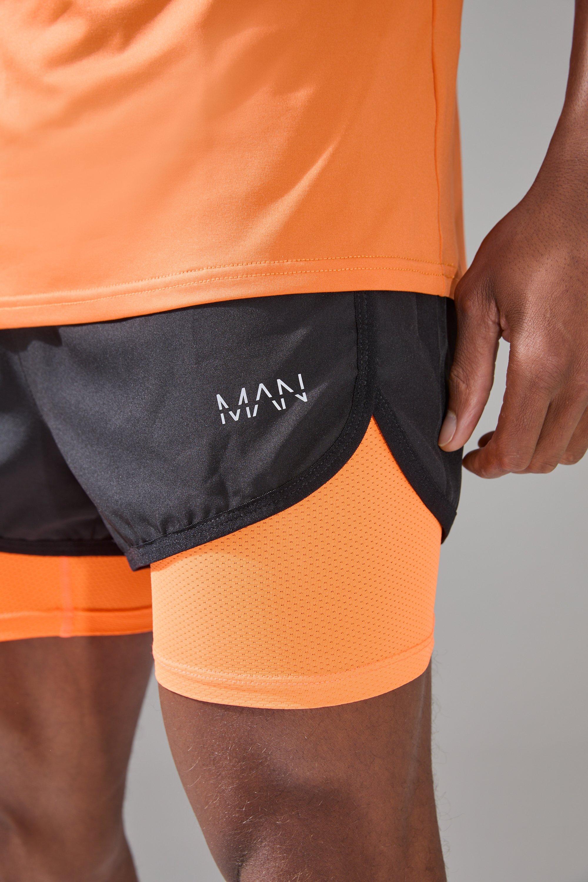 boohooMAN Men s Man Active 2 In 1 Neon Orange 3inch Regular Fit Running Short Black
