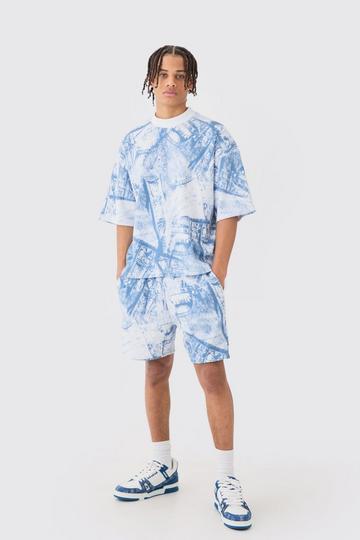 Oversized Wafel Gebreid Boxy Denim T-Shirt En Shorts blue