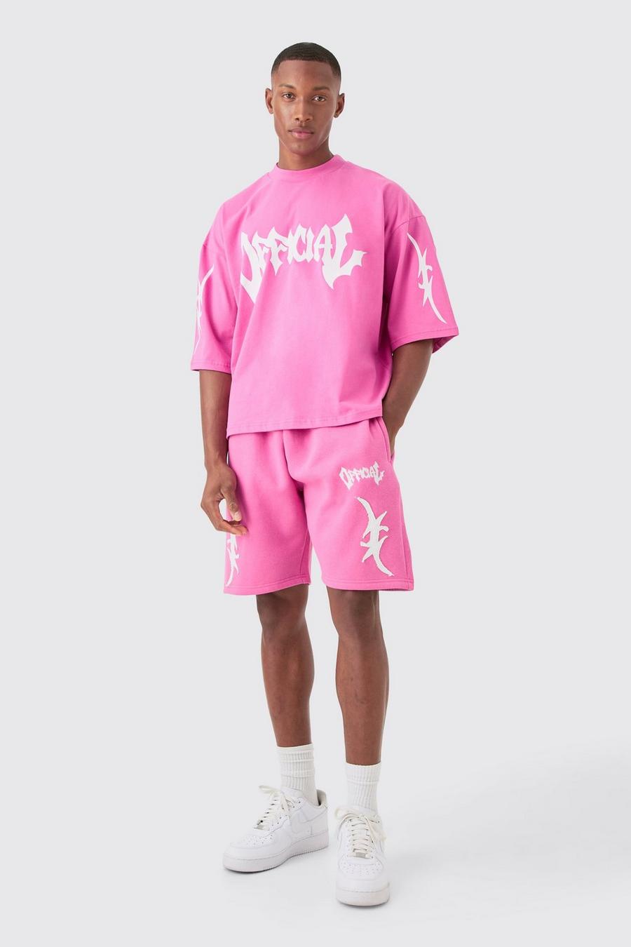 Set T-shirt squadrata oversize pesante Official con applique, Pink