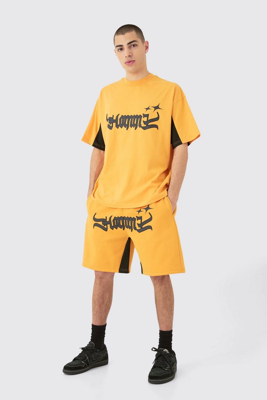 Orange Oversized Homme Panel Heavyweight T-shirt & Short Set image number 1