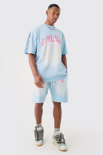 Oversized Boxy Spray Wash Multi Heart T-shirt & Short Set light blue