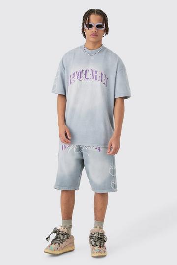 Oversized Boxy Spray Wash Multi Heart T-shirt & Short Set ash grey