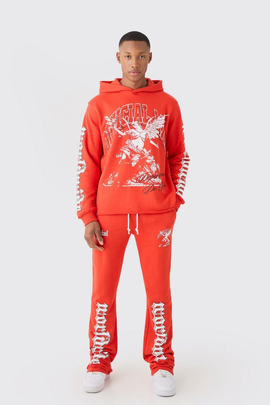 Red Regular Fit Large Graphic Raw Hem Flared Tracksuit