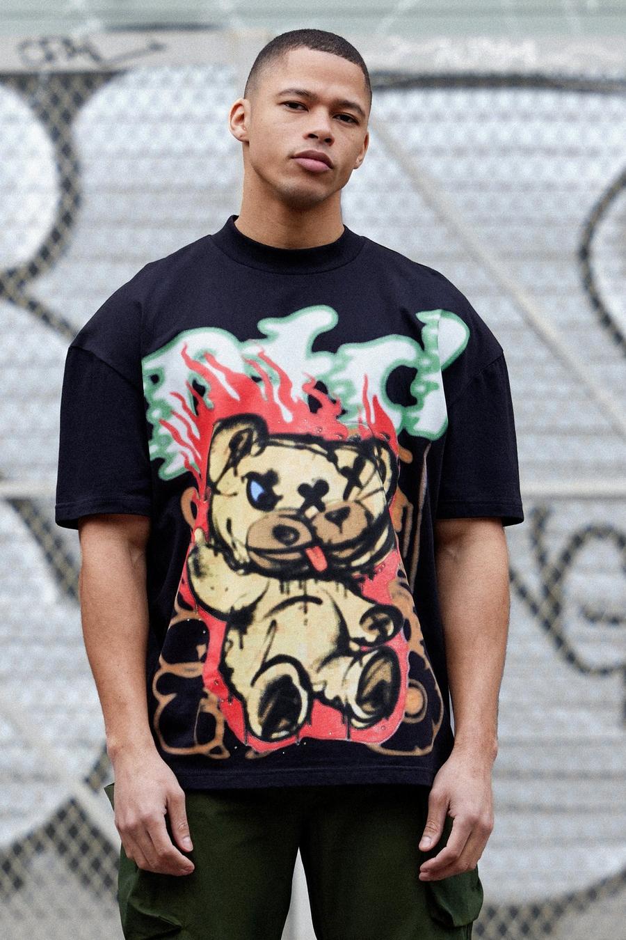 Camiseta oversize con cuello extendido y estampado gráfico de oso, Black image number 1