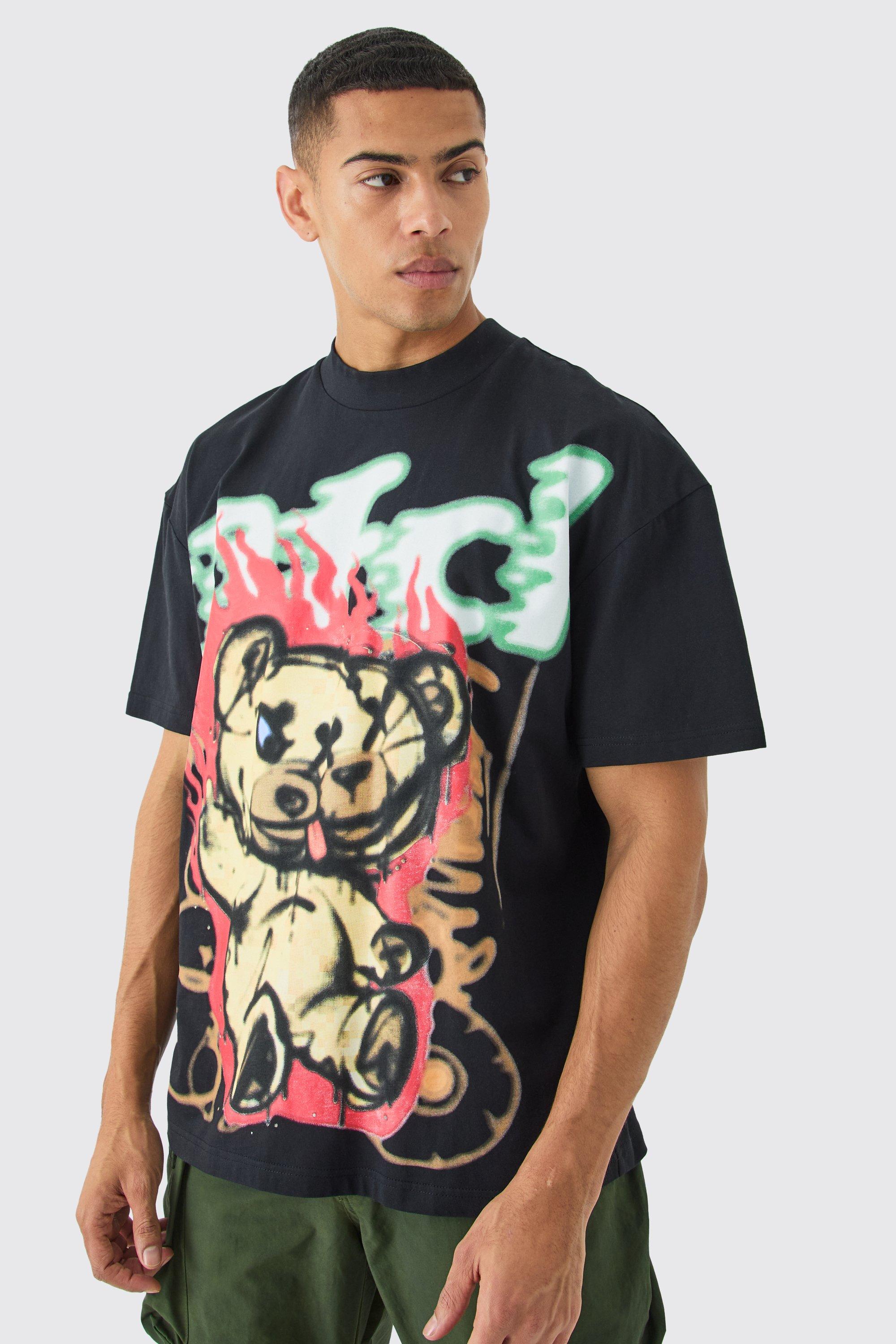 Oversized Extended Neck Bear Graphic T-shirt