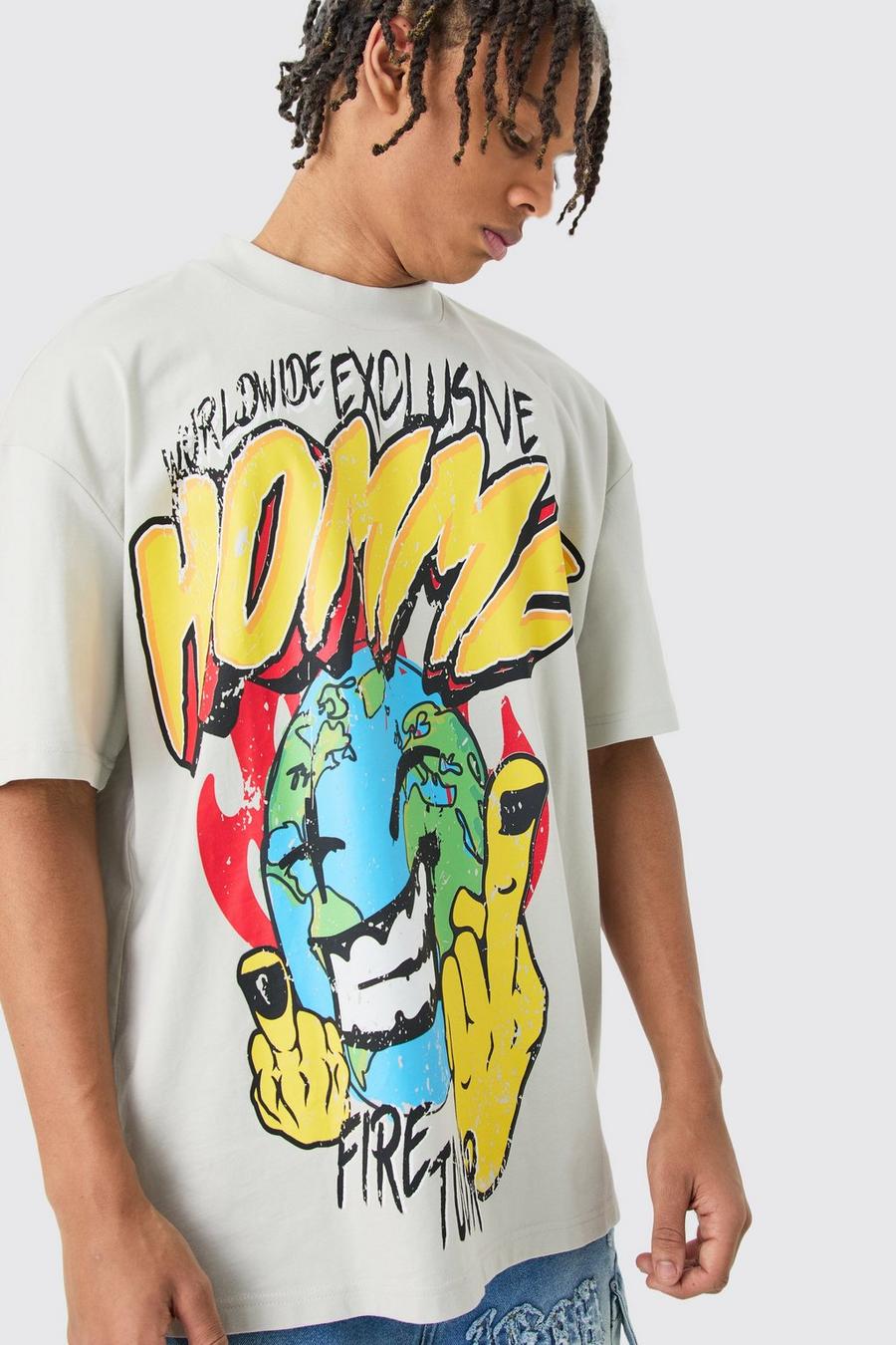 Charcoal Homme World Oversize t-shirt med tryck image number 1